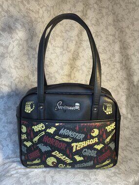 Black Sourpuss Oh the Horror Bowler handbag 10 x 11" with feet